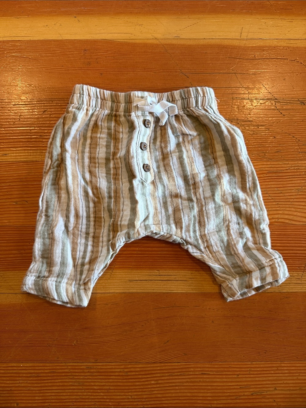 Striped Cotton Baby Pants in Beige & White with Button Detail